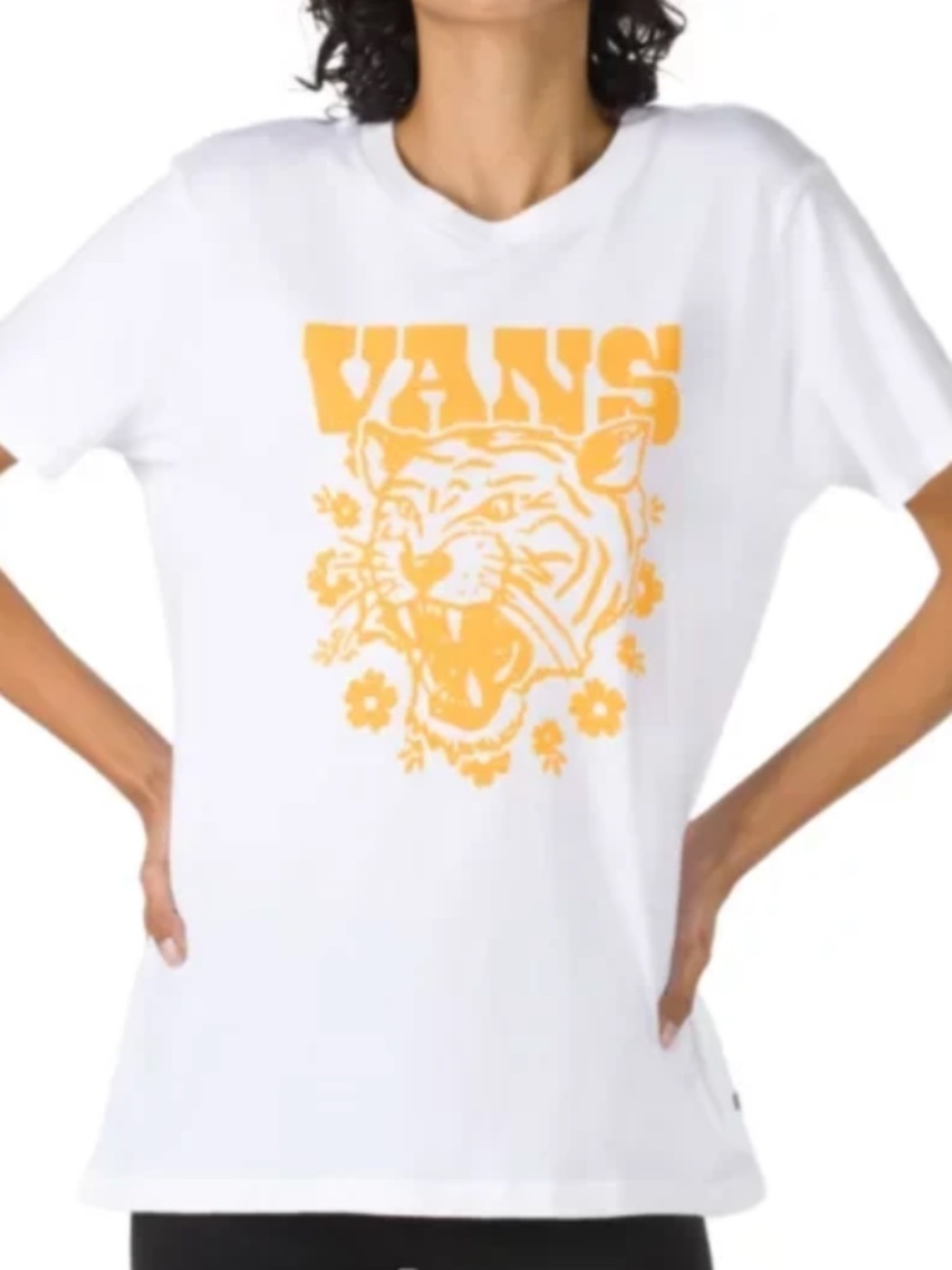 Vans White Tee with Orange Floral Tiger Tee Size Small